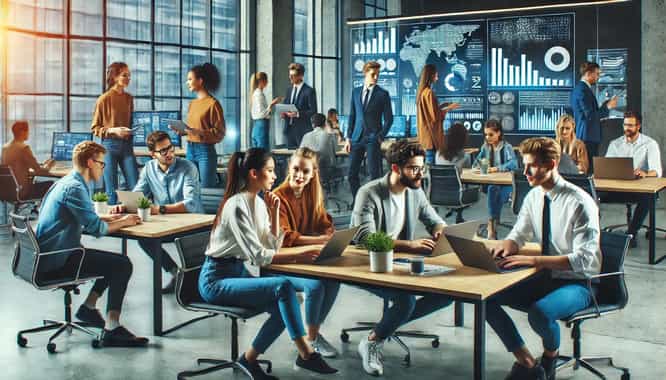DALL·E 2025-02-17 12.37.52 - A modern office environment with young professionals from Generation Z working collaboratively. The setting includes diverse employees using laptops,